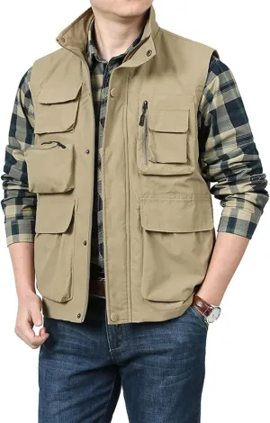 Men's Outdoor Work Vest Big and Tall Multi-Pocket Twill Utility Vest Jacket Lightweight Cargo Safari Fishing Vests