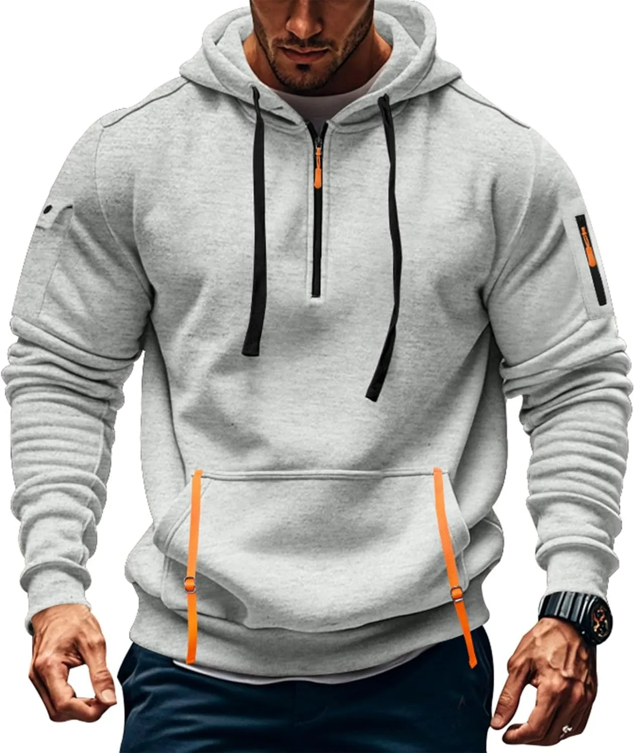 Mens Oversized Tactical Hoodie Fleece Quarter Zip Pullover Warm Work Hoodie Zip Pockets Plus Size Hooded Sweatshirt