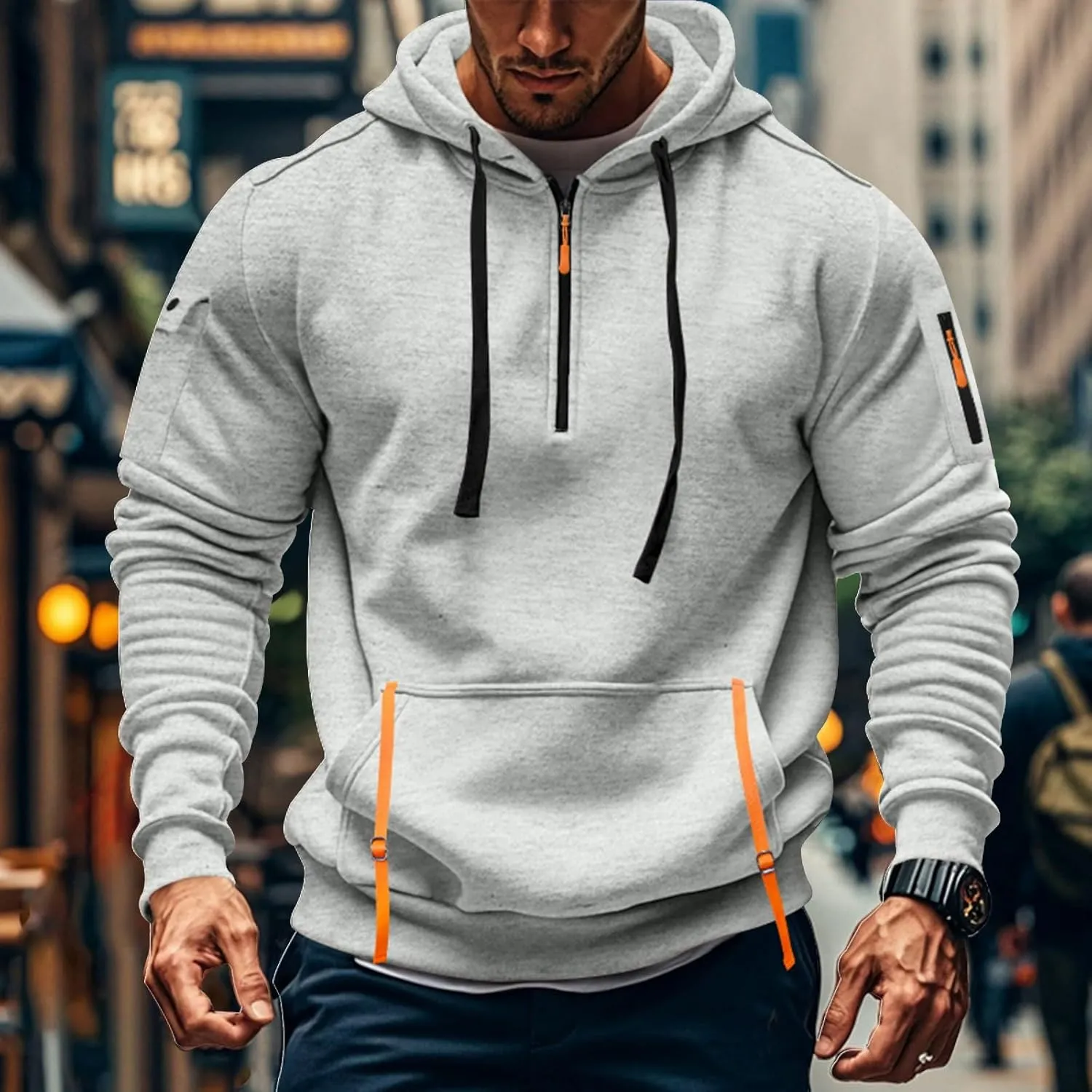 Mens Oversized Tactical Hoodie Fleece Quarter Zip Pullover Warm Work Hoodie Zip Pockets Plus Size Hooded Sweatshirt