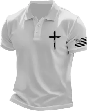 Mens Polo Shirts Short Sleeve American Flag Golf Shirt 4th of July Christian Cross USA Flag Tees 2025 Patriotic Tops