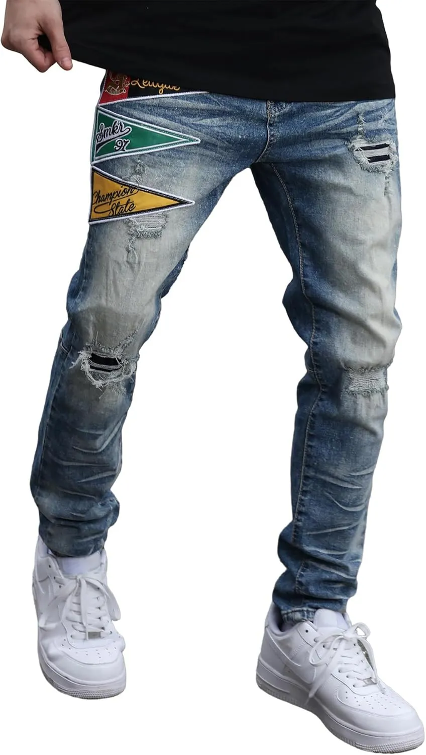 Men's Slim Fit Jeans Skinny Stretch Ripped Jeans Streetwear Distressed Destoryed Denim Pants