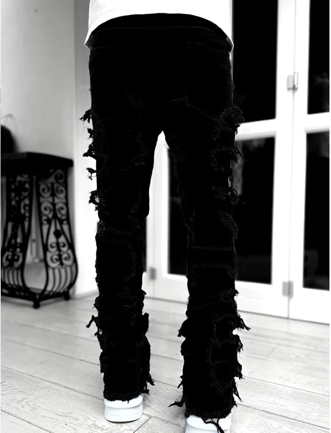 Mens Stacked Jeans Slim Fit Ripped Jeans Destroyed Straight Denim Pants Harajuku Hip Hop Trouser Streetwear