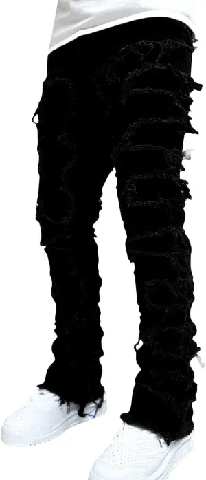 Mens Stacked Jeans Slim Fit Ripped Jeans Destroyed Straight Denim Pants Harajuku Hip Hop Trouser Streetwear