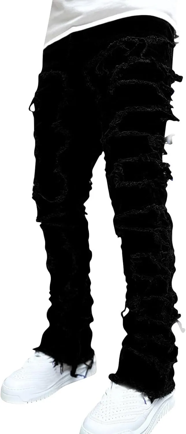 Mens Stacked Jeans Slim Fit Ripped Jeans Destroyed Straight Denim Pants Harajuku Hip Hop Trouser Streetwear