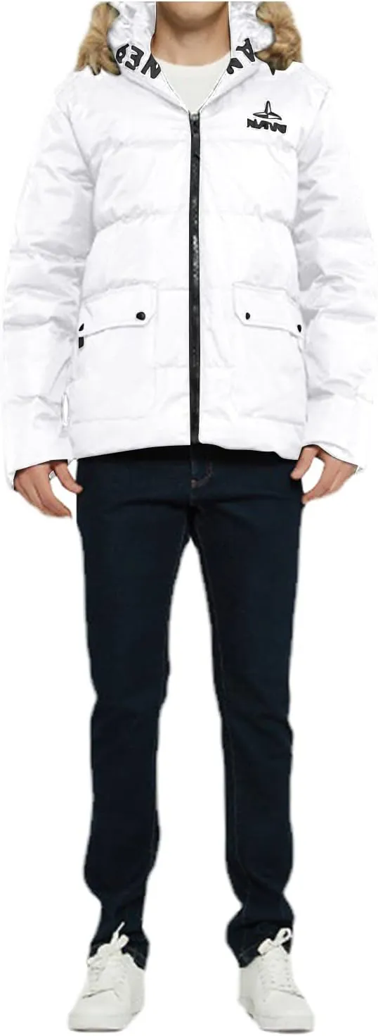 Men's Thickened Bread Cloth Faux- Hooded Letter Print Full-Zipper Padded Plus Size Cotton Coat Jacket Small Mens