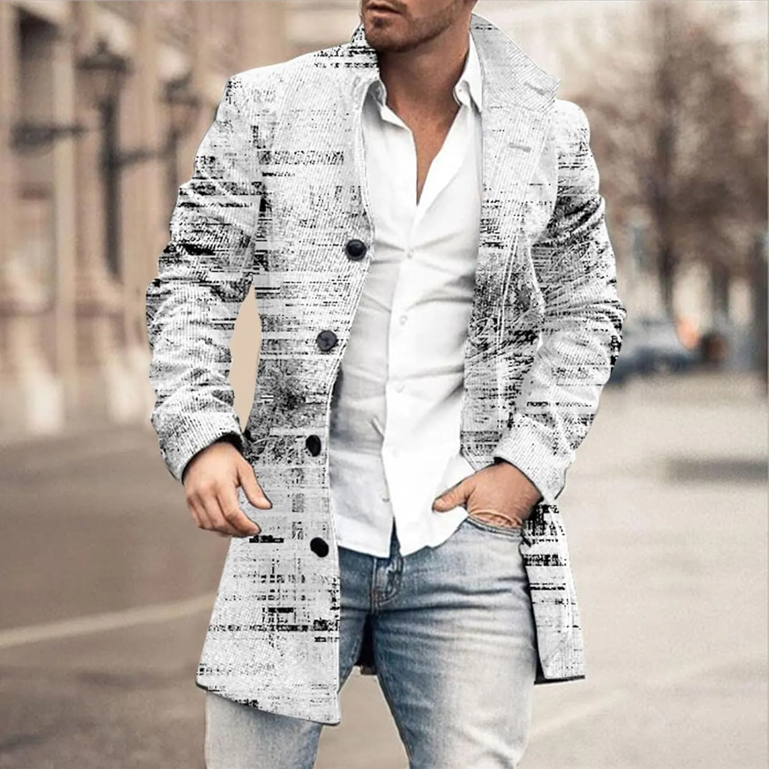 Men's Tweed Trench Coat Notched Collar Single Breasted Overcoat Vintage Big And Tall Warm Winter Plaid Midi Jackets