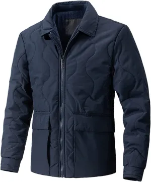 Men's Winter Lapel Down Jackets Business Casual Corduroy Lined Warm Padded Coat Zipper Cotton Coat with Large Pockets