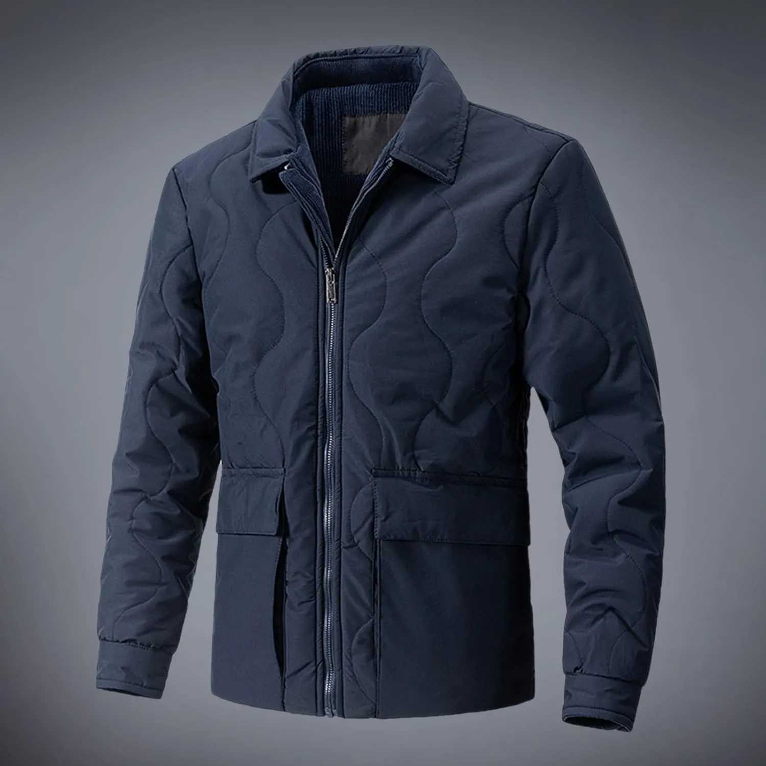 Men's Winter Lapel Down Jackets Business Casual Corduroy Lined Warm Padded Coat Zipper Cotton Coat with Large Pockets