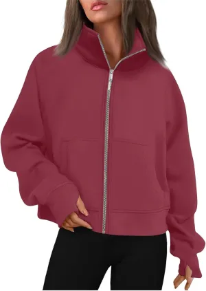midelxp Womens Cropped Zip Up Hoodie Casual Fleece Stand Collar Sweatshirt Loose Quarter Zip Long Sleeve Pullover Sports Top