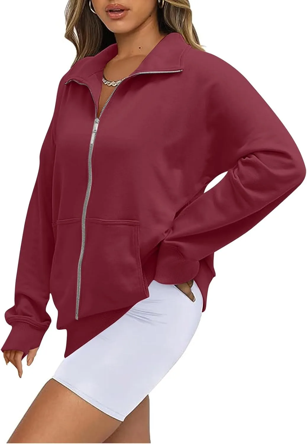 midelxp Womens Cropped Zip Up Hoodie Casual Fleece Stand Collar Sweatshirt Loose Quarter Zip Long Sleeve Pullover Sports Top