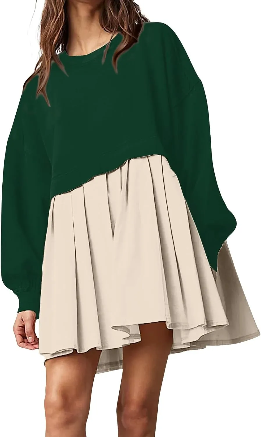 midelxp Womens Oversized Sweatshirt Dress Crewneck Patchwork Preppy Clothes Fall Long Sleeve Pullover Pleated Hem Mini Dress