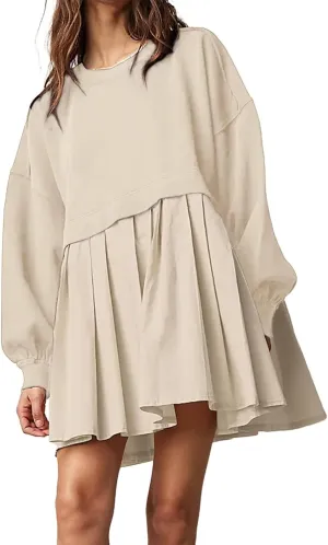 midelxp Womens Oversized Sweatshirt Dress Crewneck Patchwork Preppy Clothes Fall Long Sleeve Pullover Pleated Hem Mini Dress