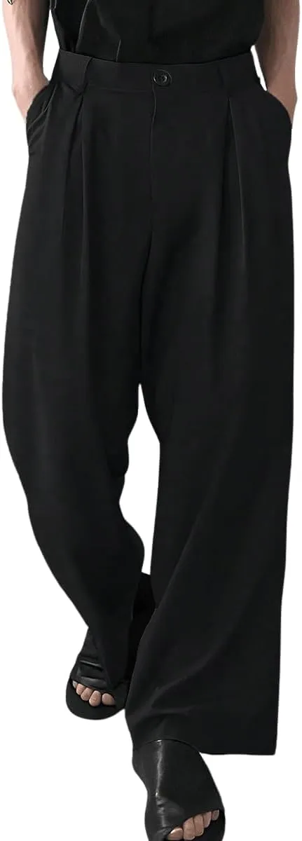 Milumia Men's High Waisted Wide Leg Pants Zipper Fly Loose Casual Trousers