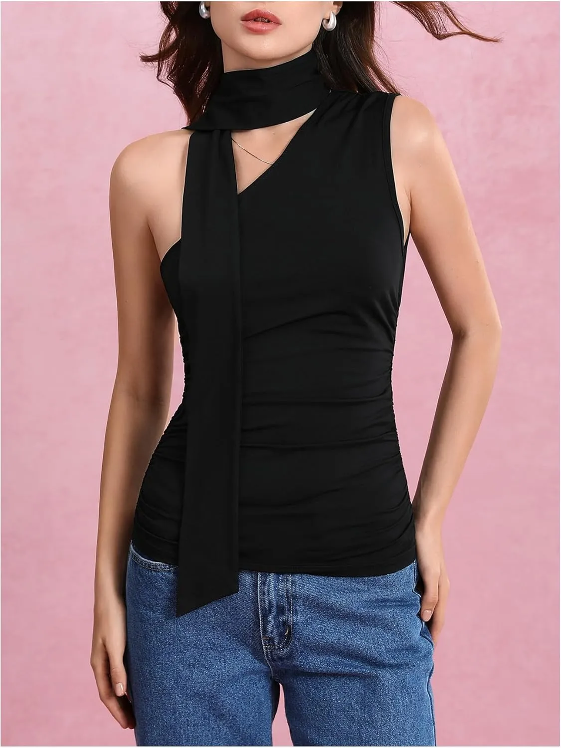 Milumia Women Y2K Going Out Club Rave Halter Scarf Top Shirt Ruched Sleeveless Off One Shouler Tank Top