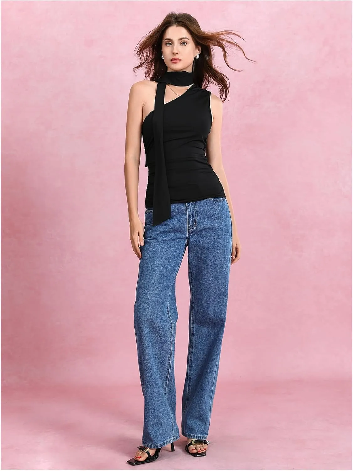 Milumia Women Y2K Going Out Club Rave Halter Scarf Top Shirt Ruched Sleeveless Off One Shouler Tank Top