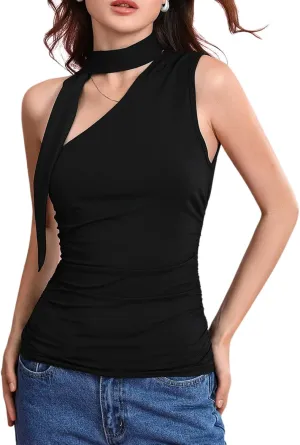 Milumia Women Y2K Going Out Club Rave Halter Scarf Top Shirt Ruched Sleeveless Off One Shouler Tank Top