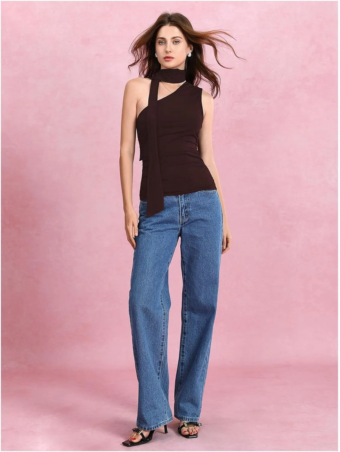 Milumia Women Y2K Going Out Club Rave Halter Scarf Top Shirt Ruched Sleeveless Off One Shouler Tank Top