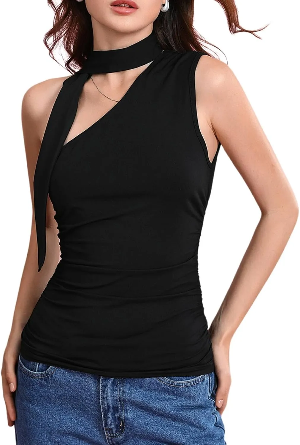 Milumia Women Y2K Going Out Club Rave Halter Scarf Top Shirt Ruched Sleeveless Off One Shouler Tank Top