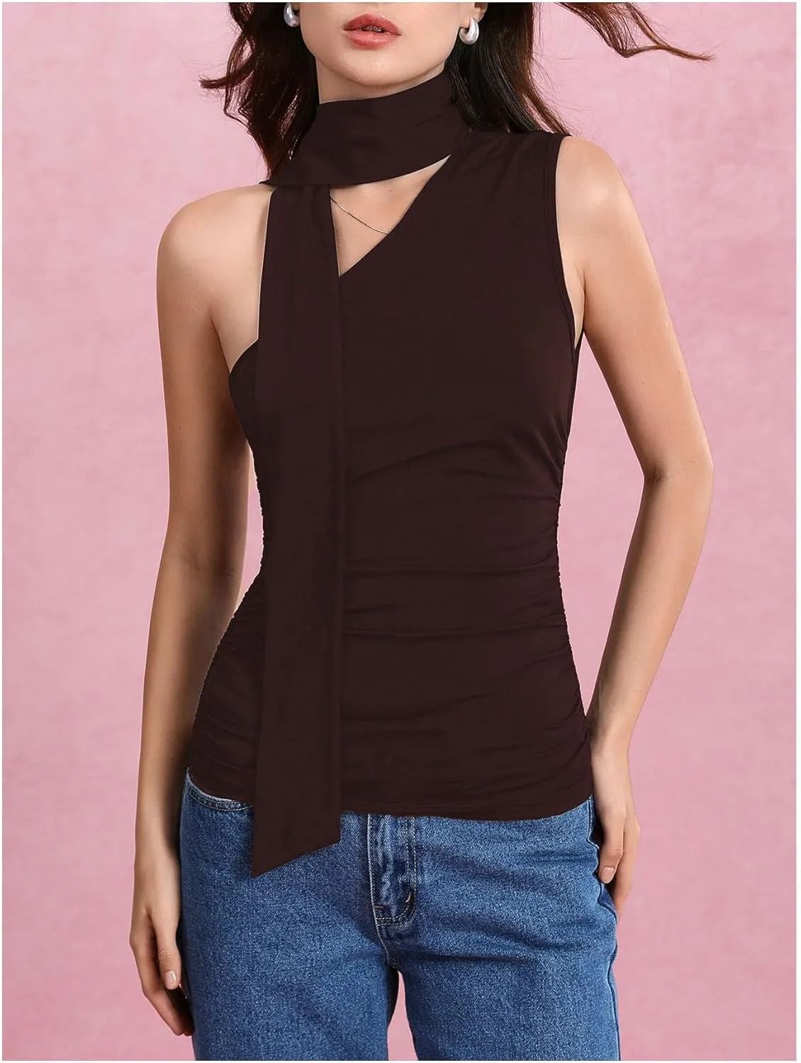Milumia Women Y2K Going Out Club Rave Halter Scarf Top Shirt Ruched Sleeveless Off One Shouler Tank Top