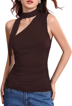 Milumia Women Y2K Going Out Club Rave Halter Scarf Top Shirt Ruched Sleeveless Off One Shouler Tank Top