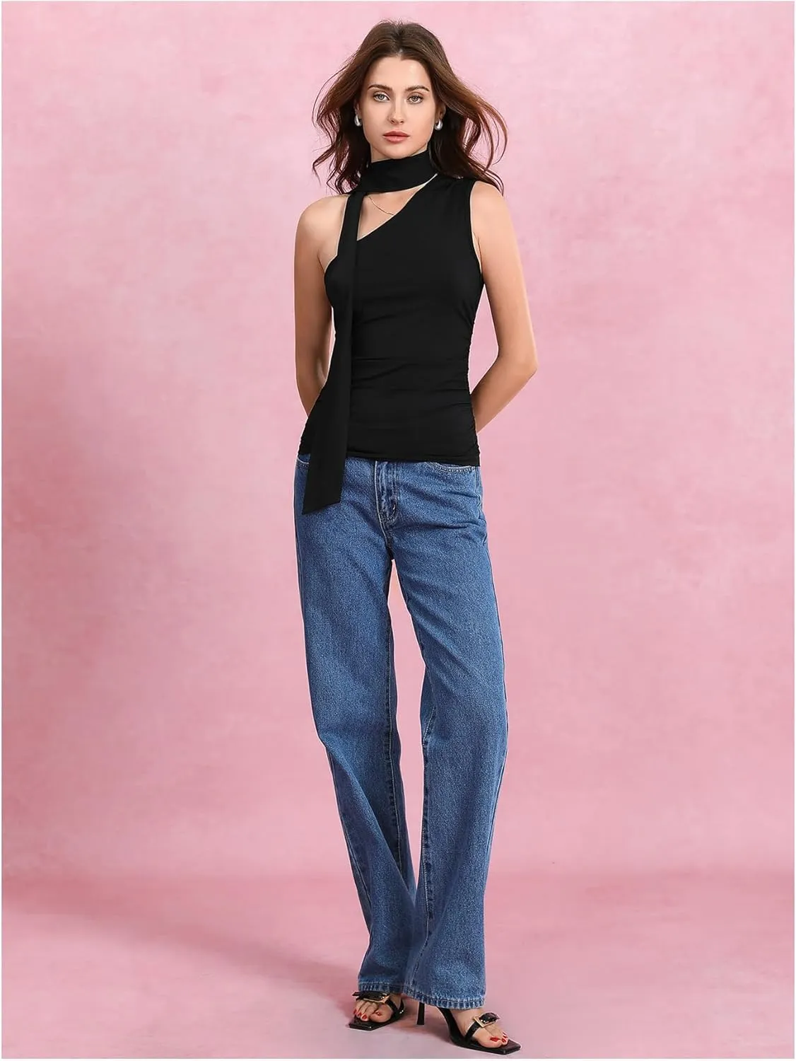 Milumia Women Y2K Going Out Club Rave Halter Scarf Top Shirt Ruched Sleeveless Off One Shouler Tank Top
