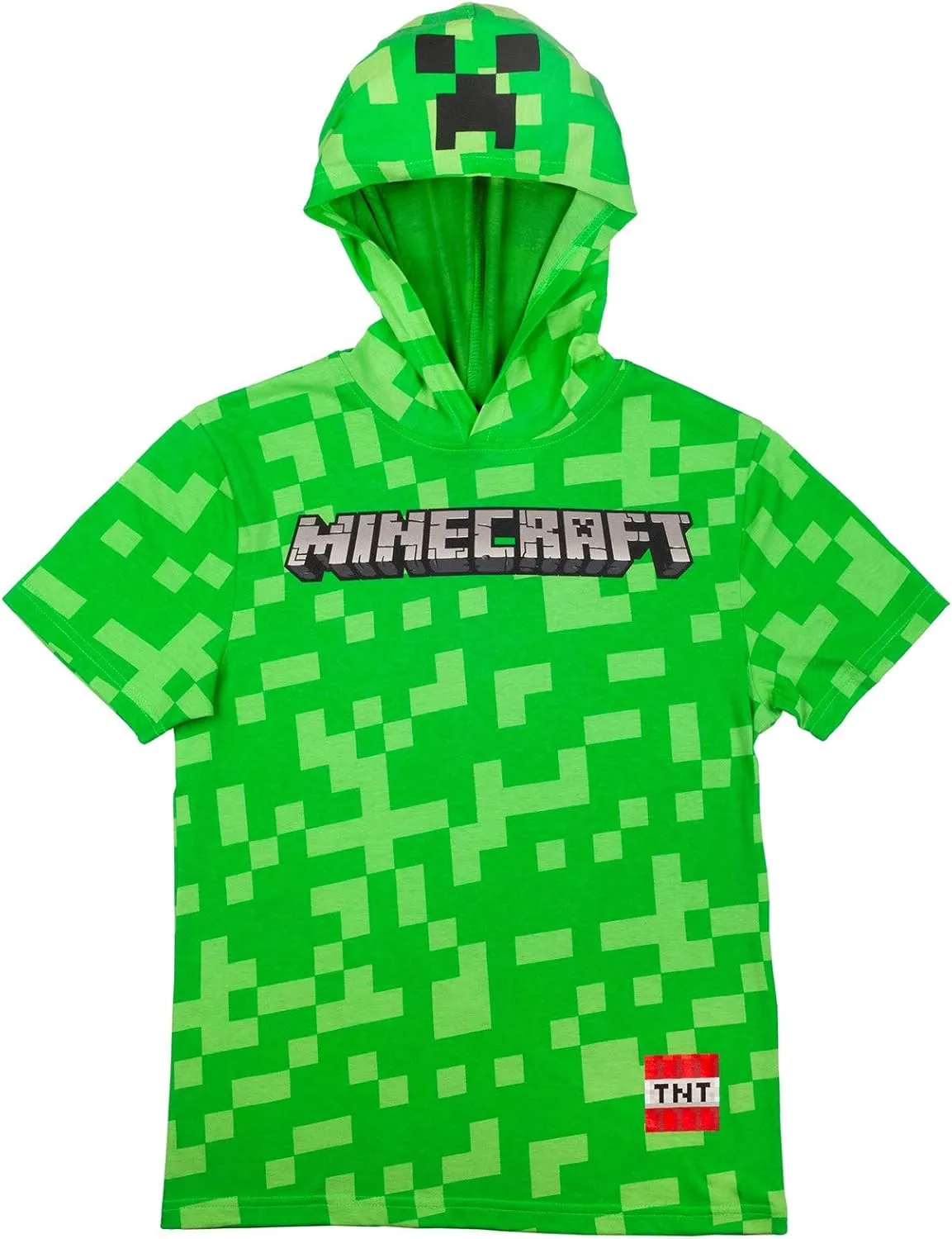 Minecraft Boys Costume Short Set with Black TNT Short and Mincraft Logo on Green Hooded T-Shirt