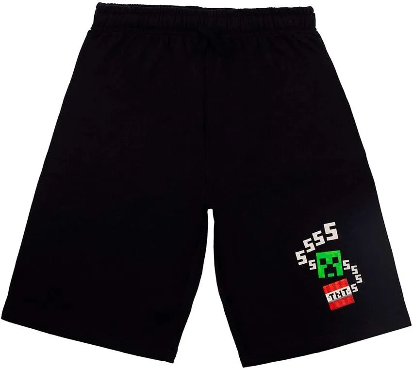 Minecraft Boys Costume Short Set with Black TNT Short and Mincraft Logo on Green Hooded T-Shirt