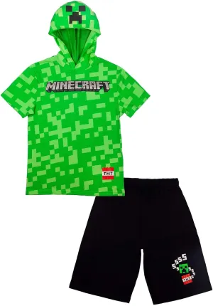 Minecraft Boys Costume Short Set with Black TNT Short and Mincraft Logo on Green Hooded T-Shirt