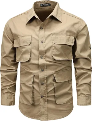 Muscularfit Cotton Shirts Jackets for Men 2024 Fashion Solid Multi Pockets Cargo T-Shirt Casual Long Sleeve Button Sweatshirt