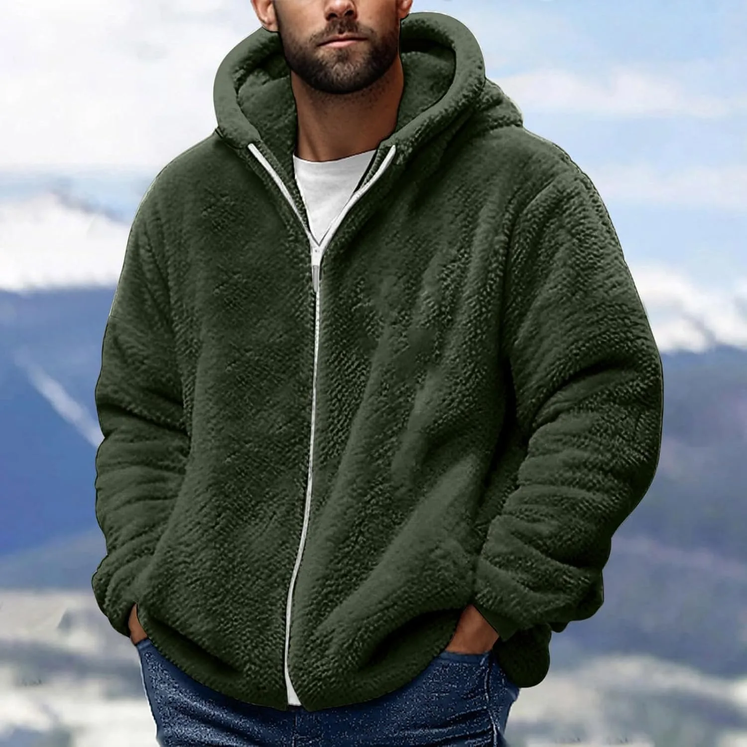 Muscularfit Men's Double Sided Furry Jacket Fall Winter Fashion Hood Coat Warm Down Jacket Full Zip Thicken Padded Outerwear