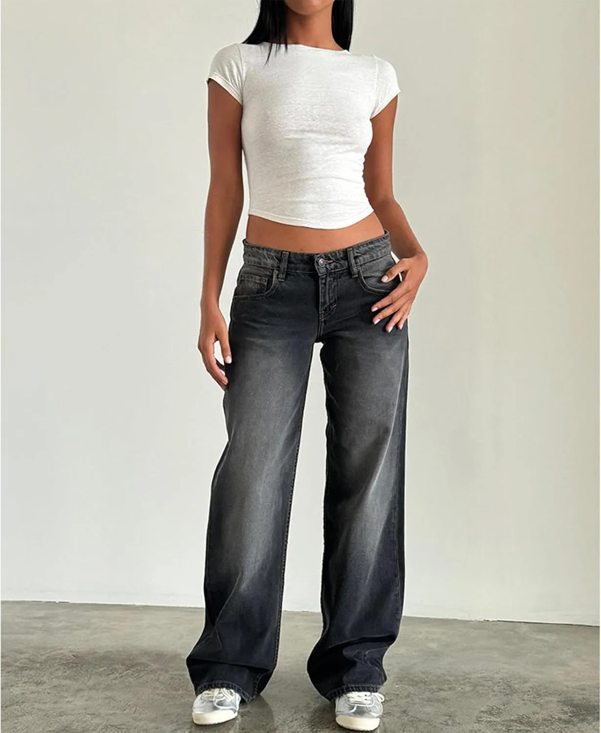 Mxiqqpltky Low Rise Jeans for Women Mom Jeans Wide Straight Leg Baggy Jeans Y2k Vintage Boyfriend Denim Pants Streetwear