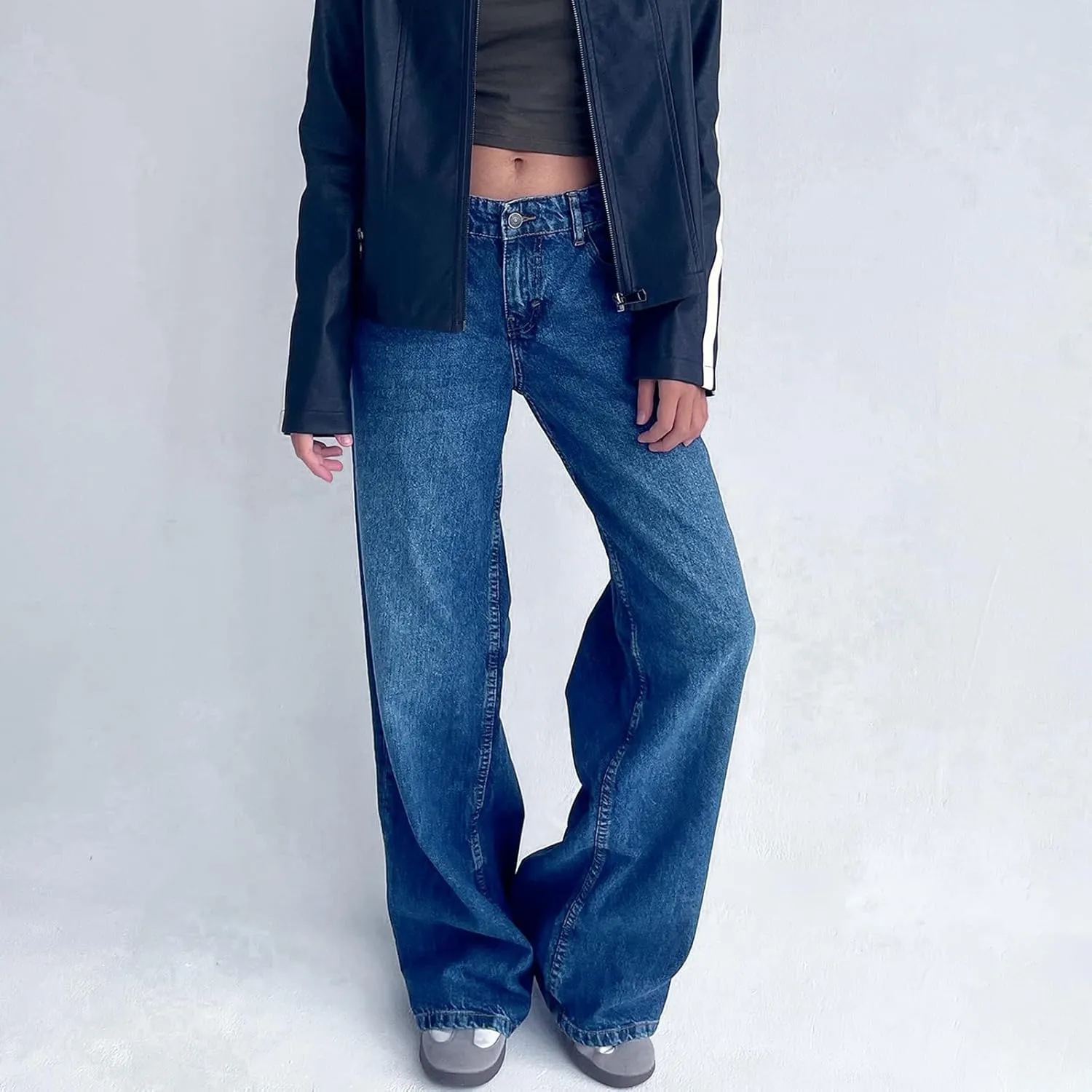 Mxiqqpltky Low Rise Jeans for Women Mom Jeans Wide Straight Leg Baggy Jeans Y2k Vintage Boyfriend Denim Pants Streetwear