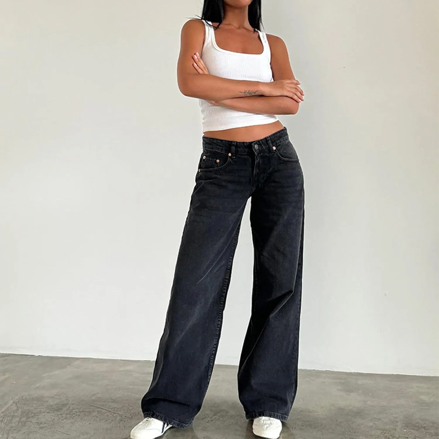 Mxiqqpltky Low Rise Jeans for Women Mom Jeans Wide Straight Leg Baggy Jeans Y2k Vintage Boyfriend Denim Pants Streetwear