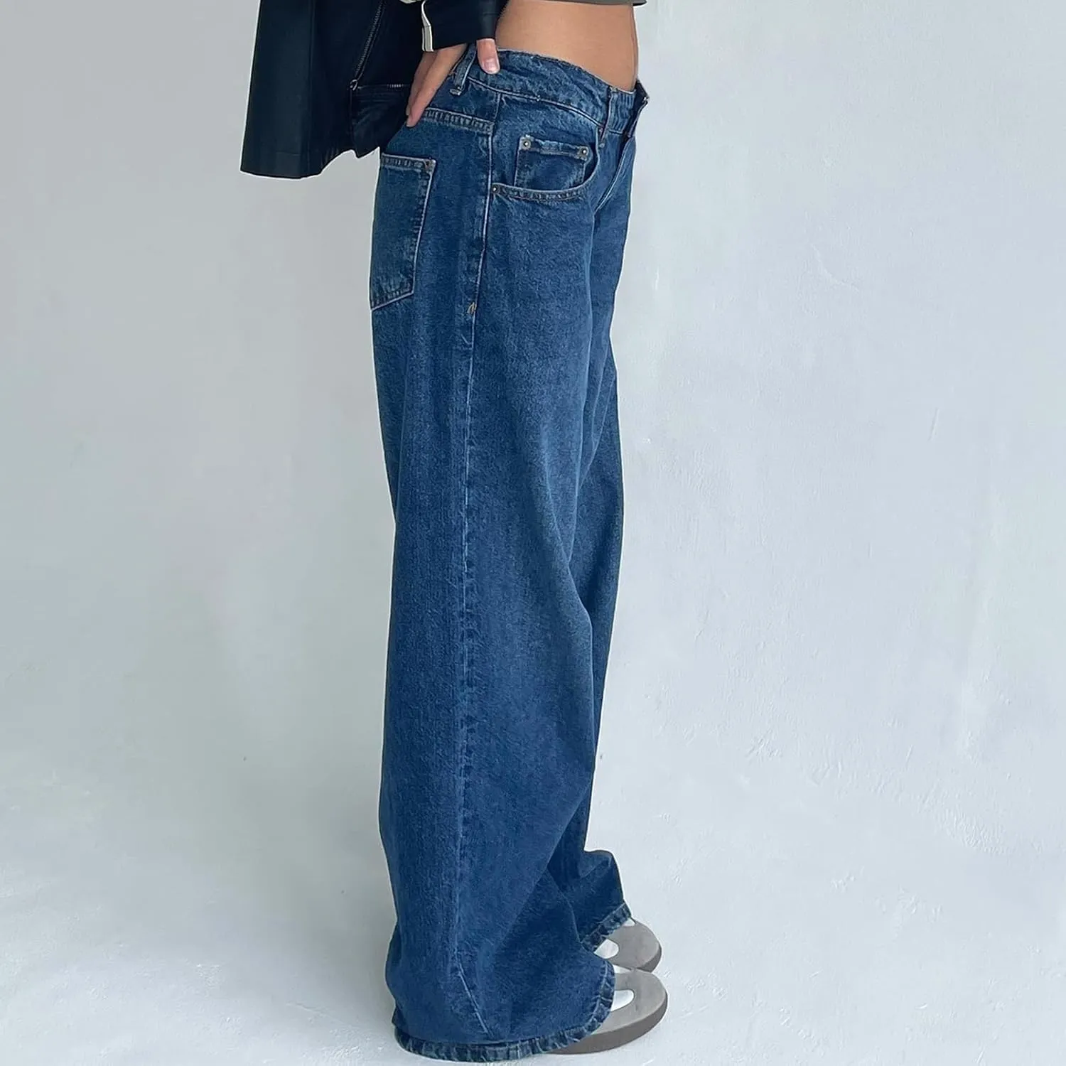 Mxiqqpltky Low Rise Jeans for Women Mom Jeans Wide Straight Leg Baggy Jeans Y2k Vintage Boyfriend Denim Pants Streetwear