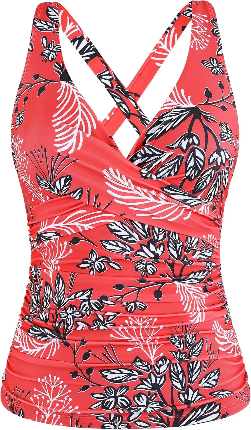 Mycoco Women's Underwire Tankini Top Twist V Neck Push Up Swim Top Ruched Bathing Suit Tops Only