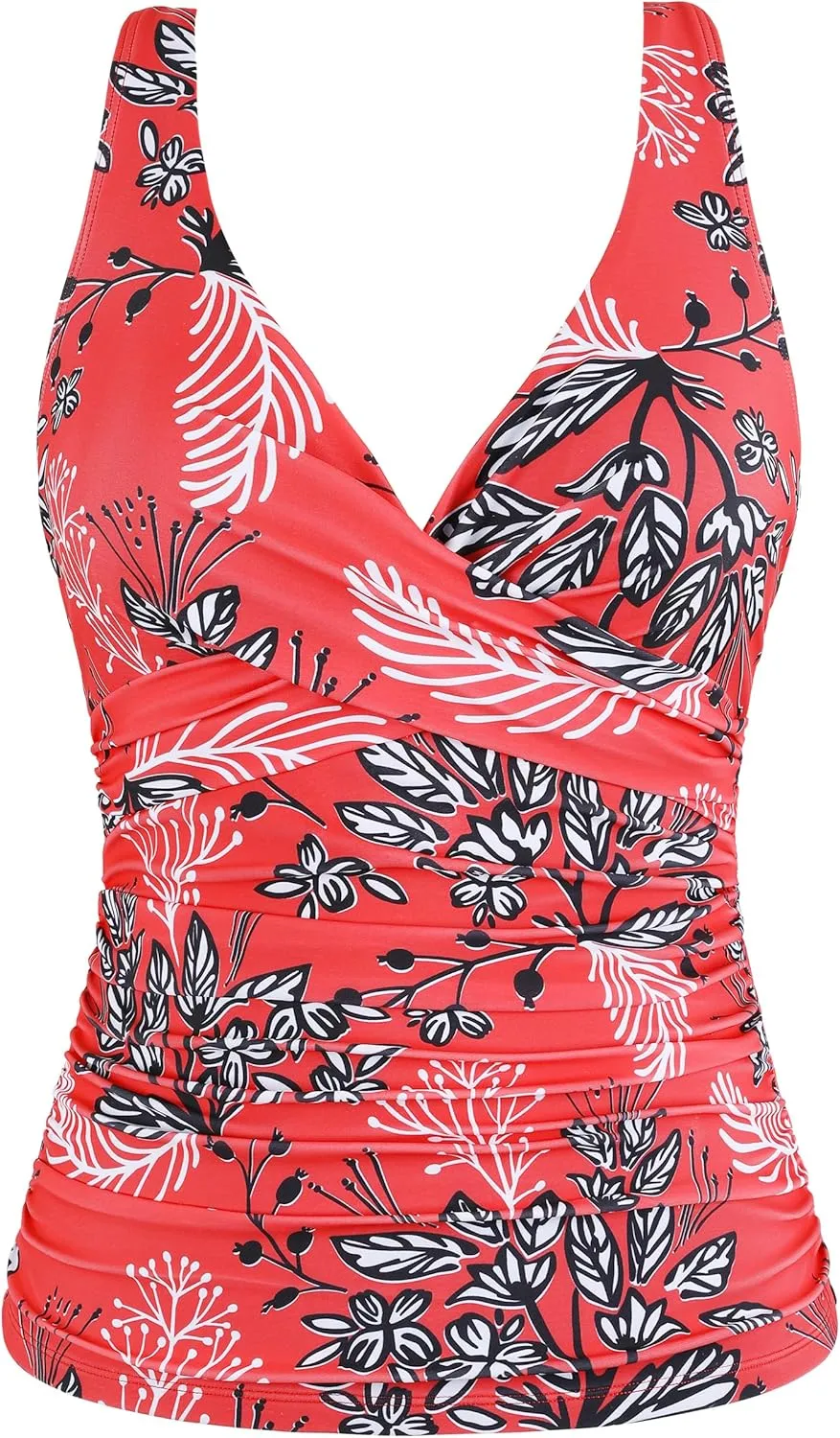 Mycoco Women's Underwire Tankini Top Twist V Neck Push Up Swim Top Ruched Bathing Suit Tops Only
