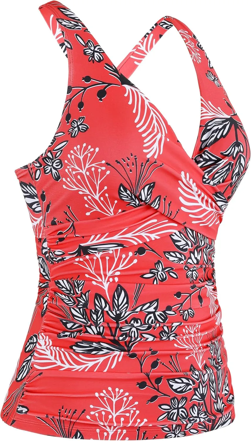 Mycoco Women's Underwire Tankini Top Twist V Neck Push Up Swim Top Ruched Bathing Suit Tops Only