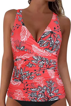 Mycoco Women's Underwire Tankini Top Twist V Neck Push Up Swim Top Ruched Bathing Suit Tops Only