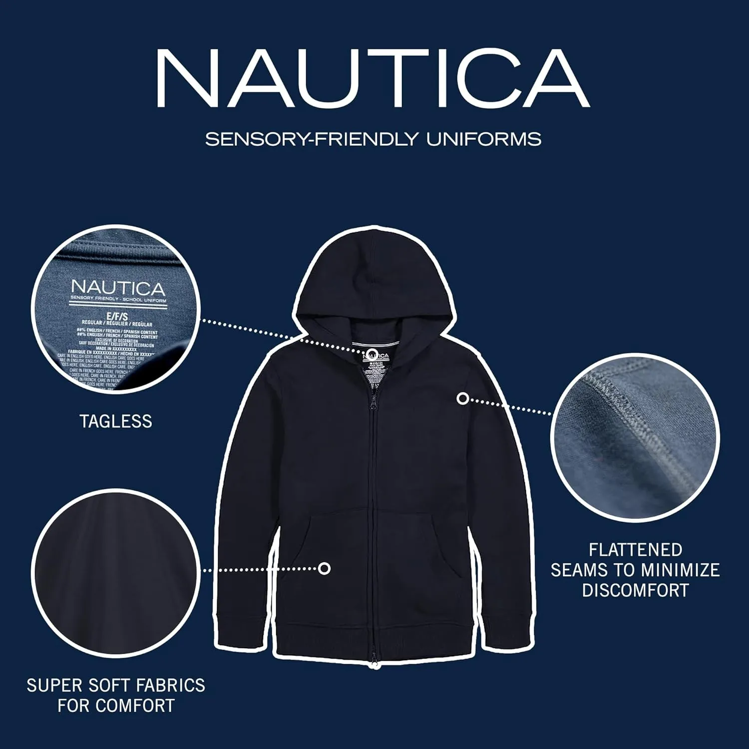 Nautica Boys' Long Sleeve Sensory-Friendly Fleece Full Zip Hoodie