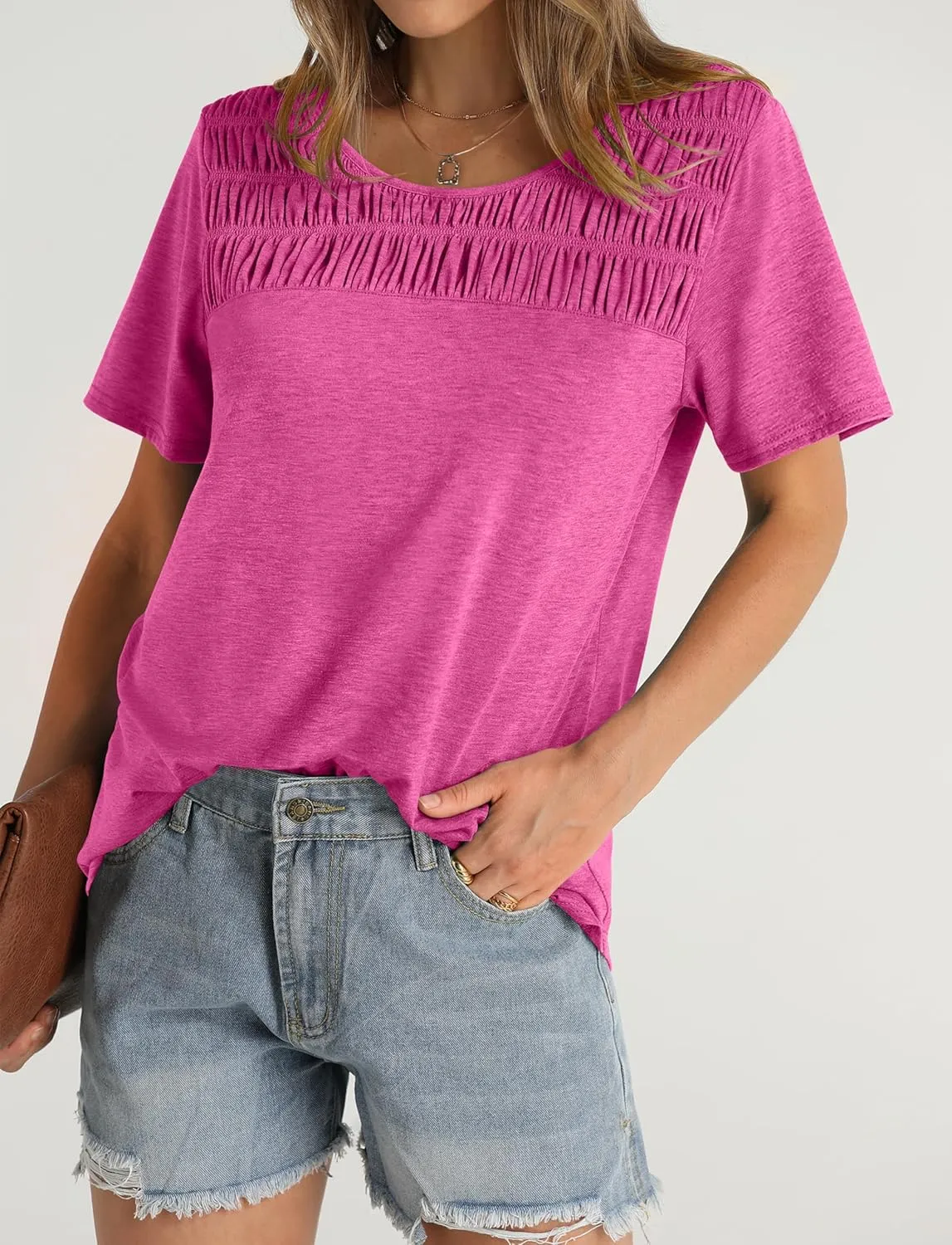 OFEEFAN Women's Summer Tops 2025 Trendy Short Sleeve Shirts Smocked Crewneck Tee