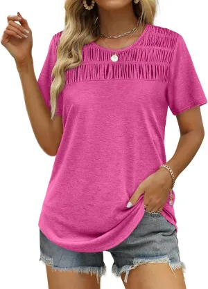 OFEEFAN Women's Summer Tops 2025 Trendy Short Sleeve Shirts Smocked Crewneck Tee