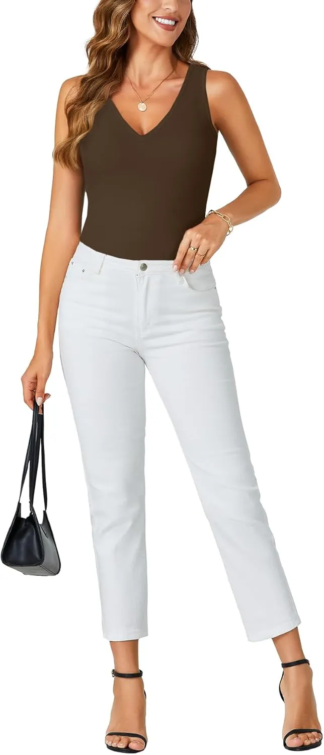 OPOIPIN Women's V Neck Ribbed Knit Slim Fit Solid Basic Sleeveless Tank Top Tee
