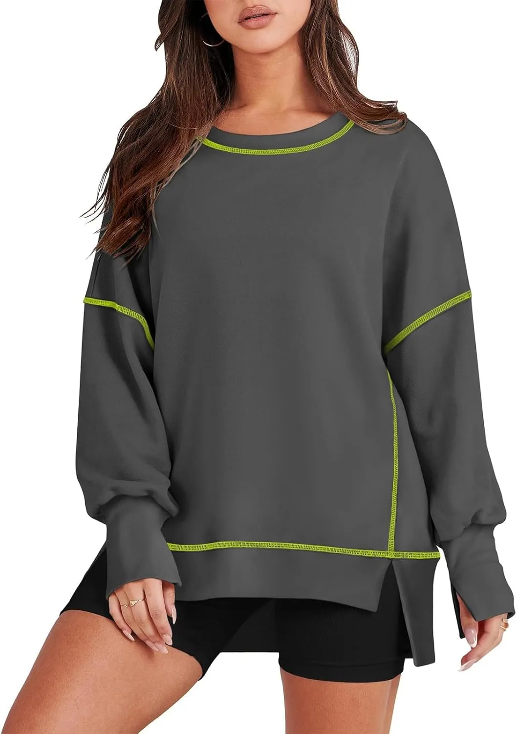 Oversized Crewneck Sweatshirt Women Loose Fit Trendy High Low Tops Casual Lightweight Stitch Hoodies Fall Clothes
