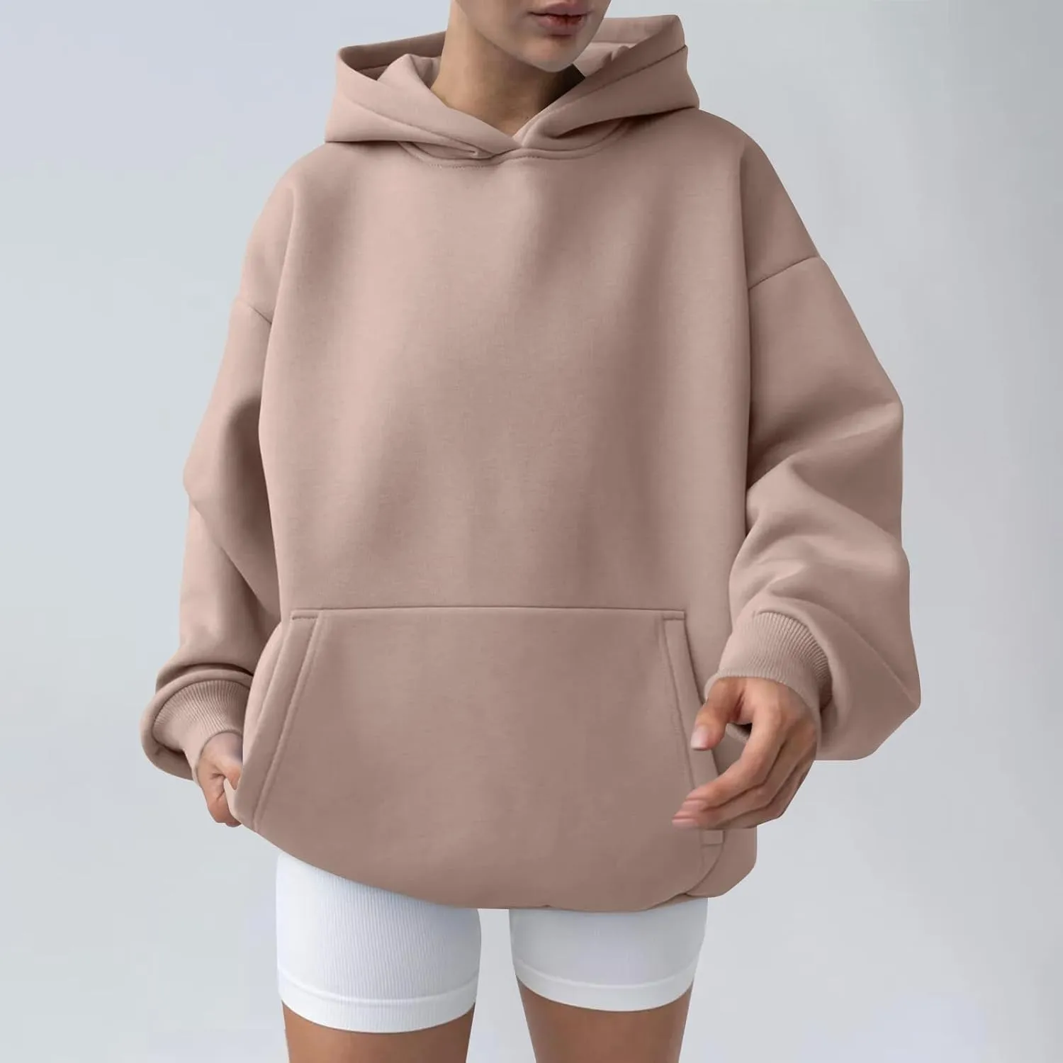 Oversized Hoodie Women Lantern Sleeve Fleece Lined Crewneck Sweatshirt Loose Fit Drop Shoulder Hooded Pullover