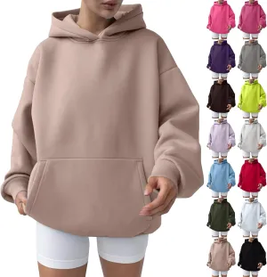 Oversized Hoodie Women Lantern Sleeve Fleece Lined Crewneck Sweatshirt Loose Fit Drop Shoulder Hooded Pullover