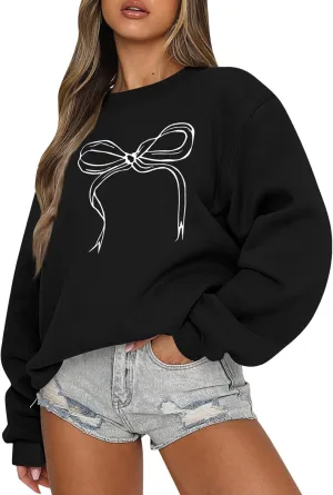 Oversized Sweatshirt for Women Fleece Bow Print Crewneck Sweatshirts Long Sleeve Drop Shoulder Comfy Cotton Pullover