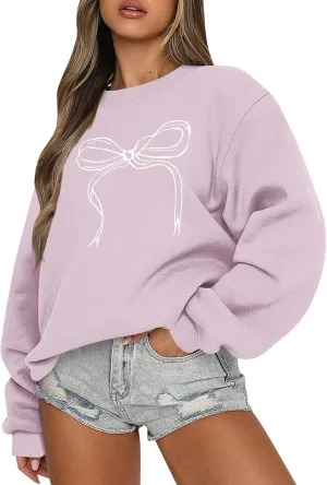 Oversized Sweatshirt for Women Fleece Bow Print Crewneck Sweatshirts Long Sleeve Drop Shoulder Comfy Cotton Pullover