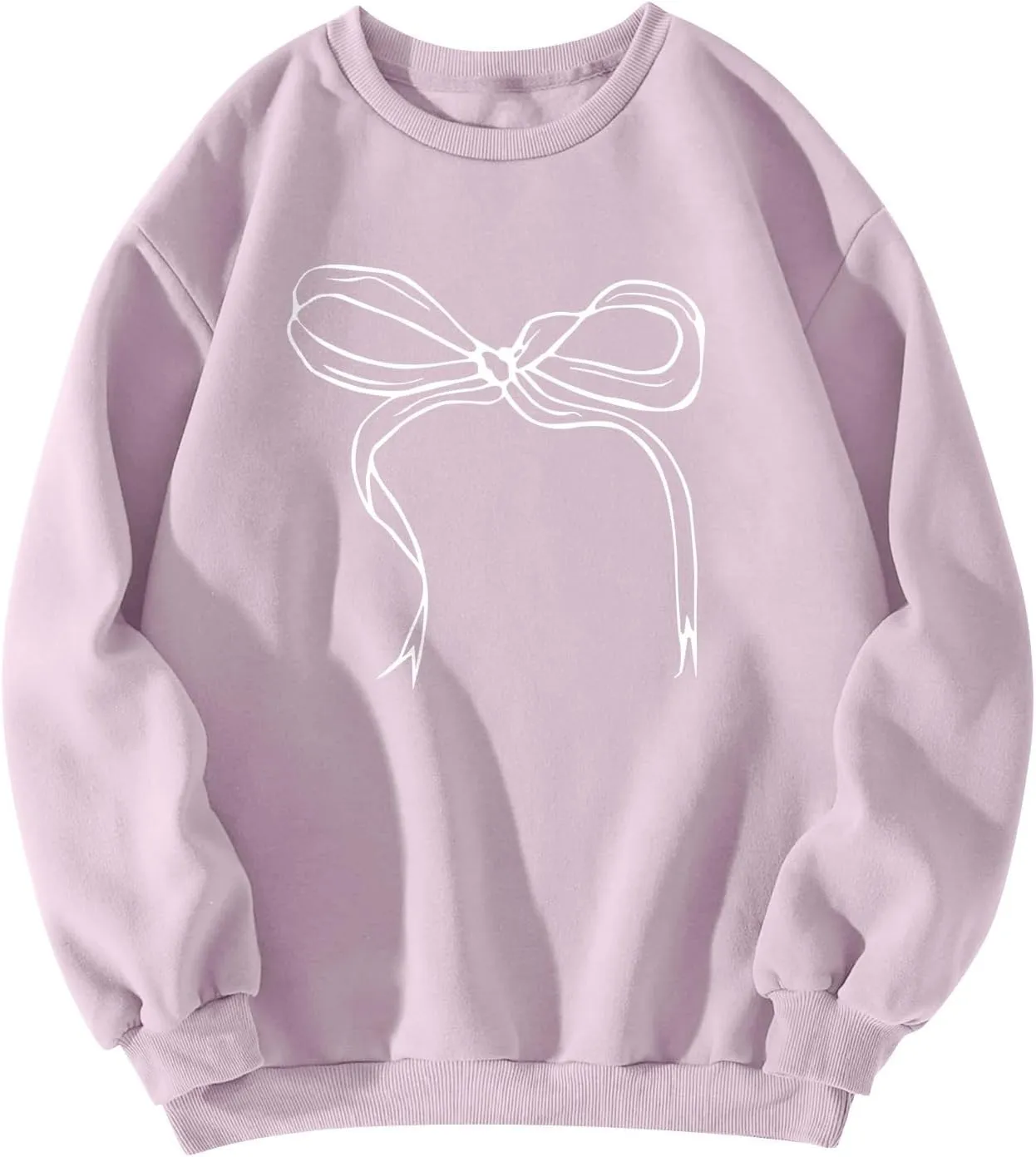 Oversized Sweatshirt for Women Fleece Bow Print Crewneck Sweatshirts Long Sleeve Drop Shoulder Comfy Cotton Pullover