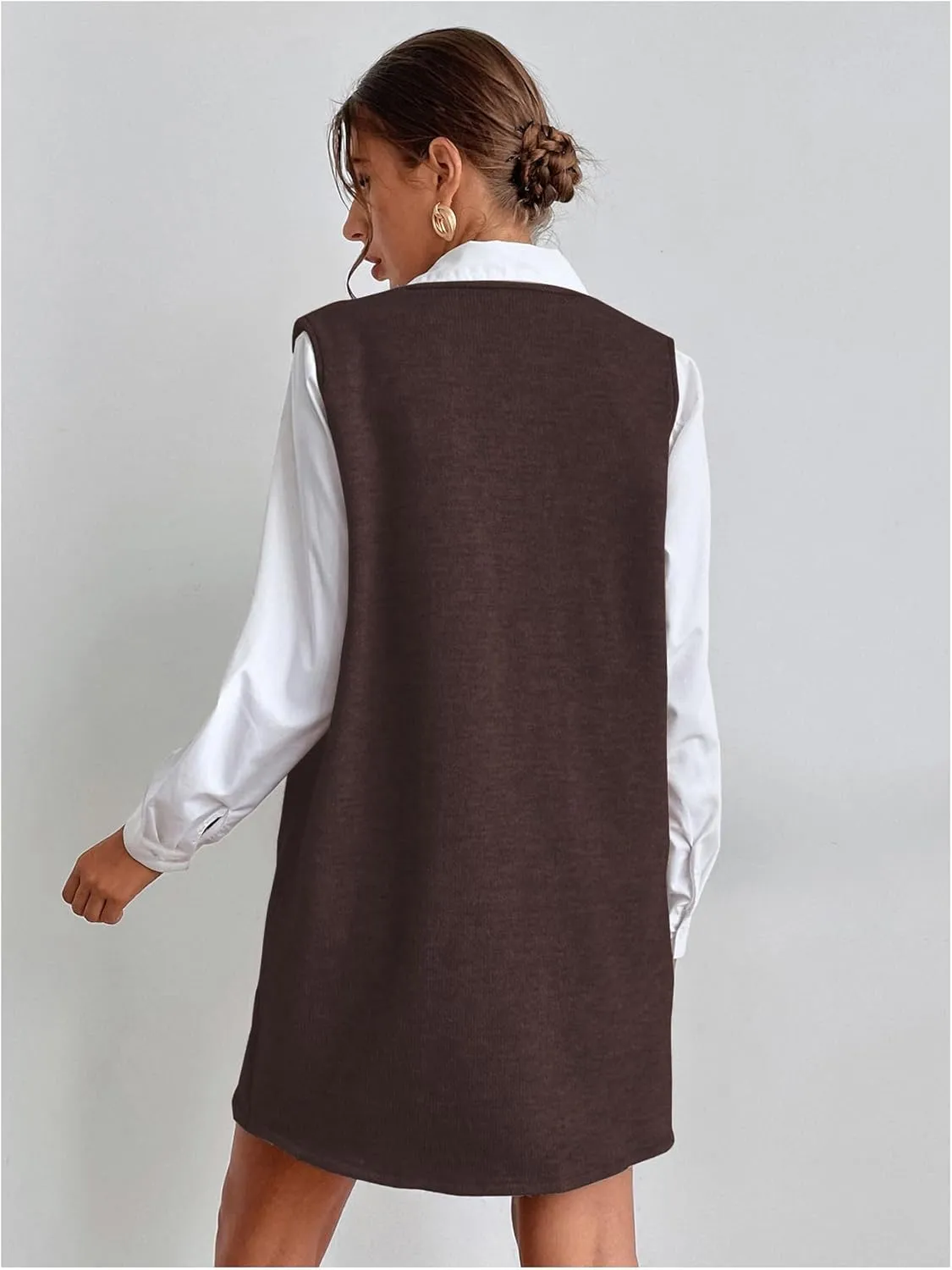 OYOANGLE Women's V Neck Sleeveless Knitted Solid Short Sweater Dress with Pockets