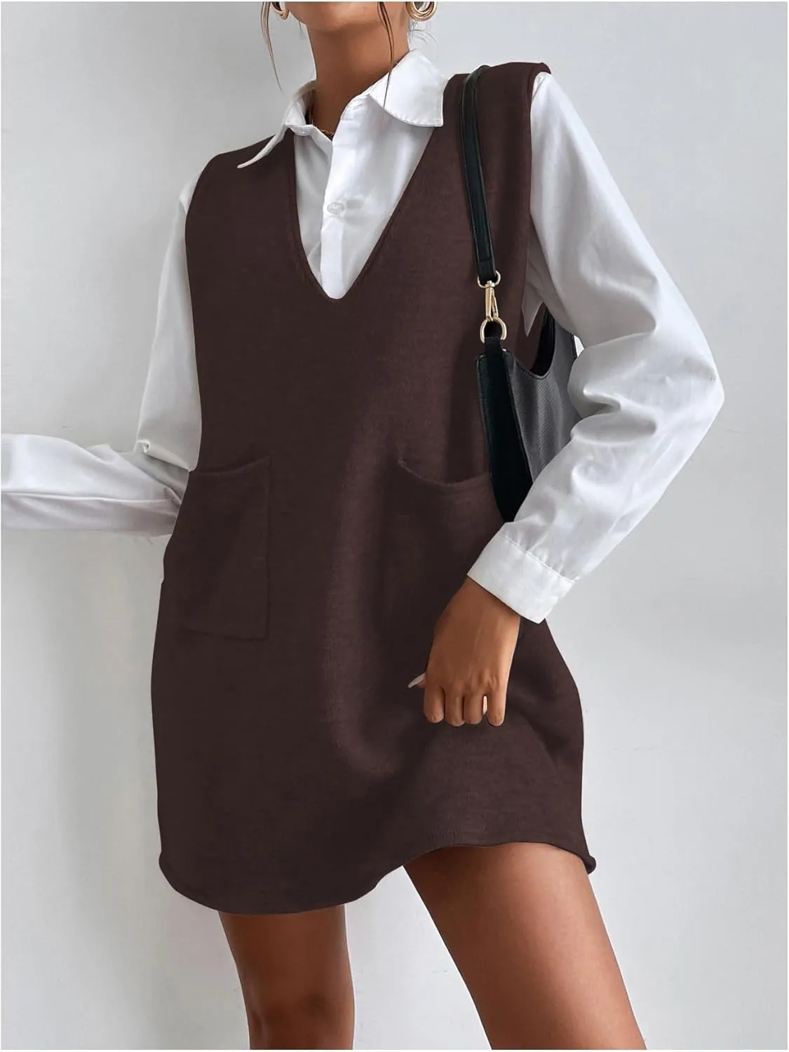 OYOANGLE Women's V Neck Sleeveless Knitted Solid Short Sweater Dress with Pockets